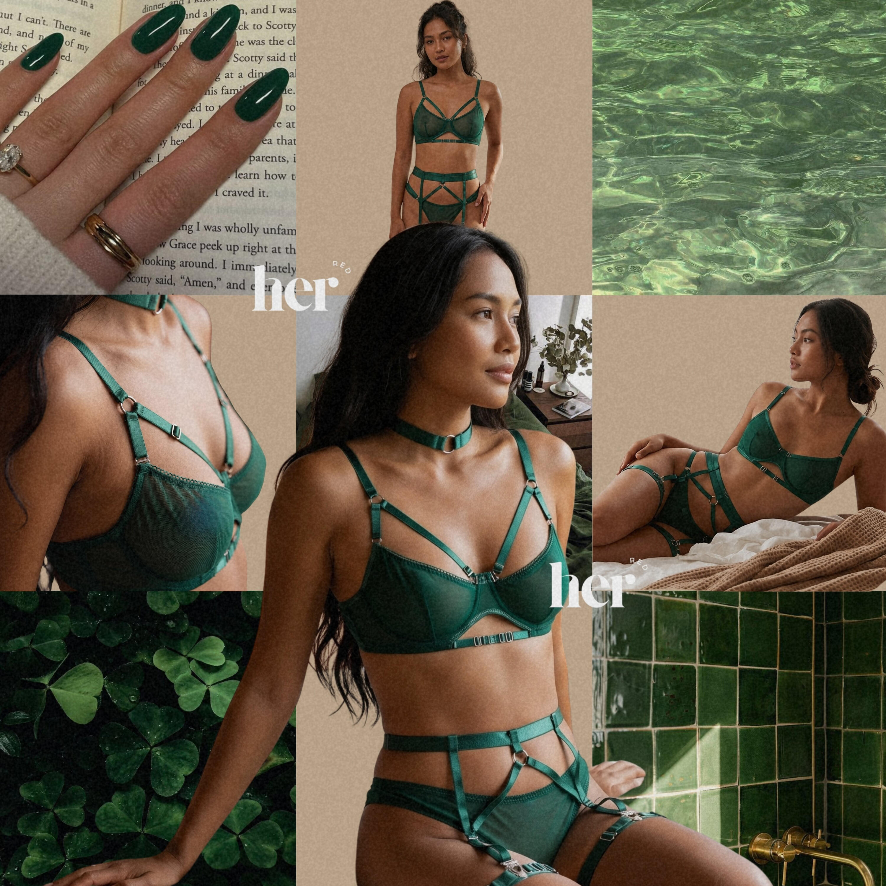 Lexi Lingerie Set warna emerald green dari Her Red dengan desain strappy premium dan detail harness aesthetic yang membentuk siluet tubuh secara elegan. Lingerie wanita premium ini terdiri dari bra, garter belt, choker, suspender strap, dan panty dengan ba