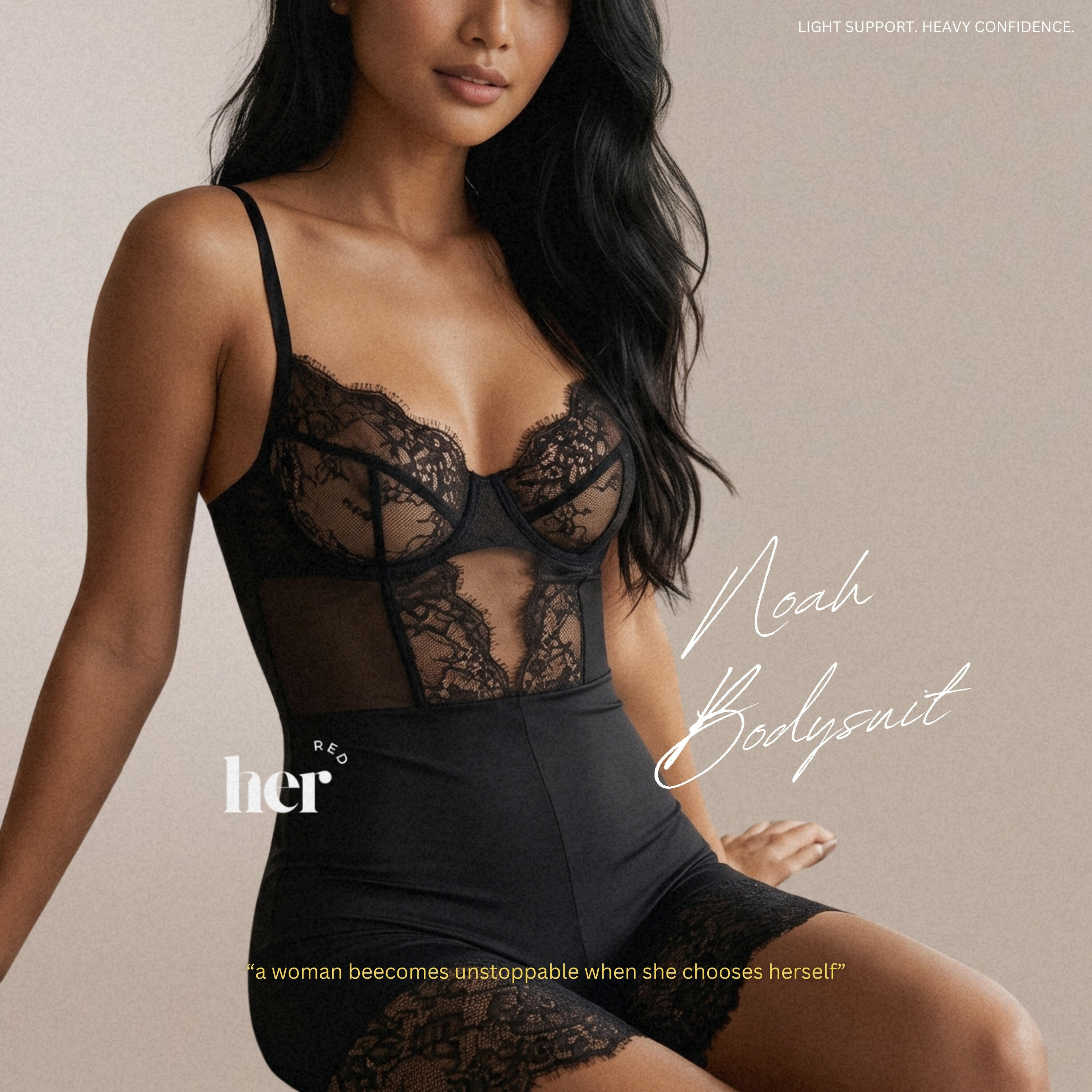 Noah Bodysuit Hitam Noah Bodysuit hitam dari Her Red dengan detail lace transparan premium dan mesh lembut, memberikan siluet feminin yang elegan dan nyaman dipakai. Bodysuit lingerie wanita warna black ini memiliki light support dengan cutting yang membentuk tubuh secara nat