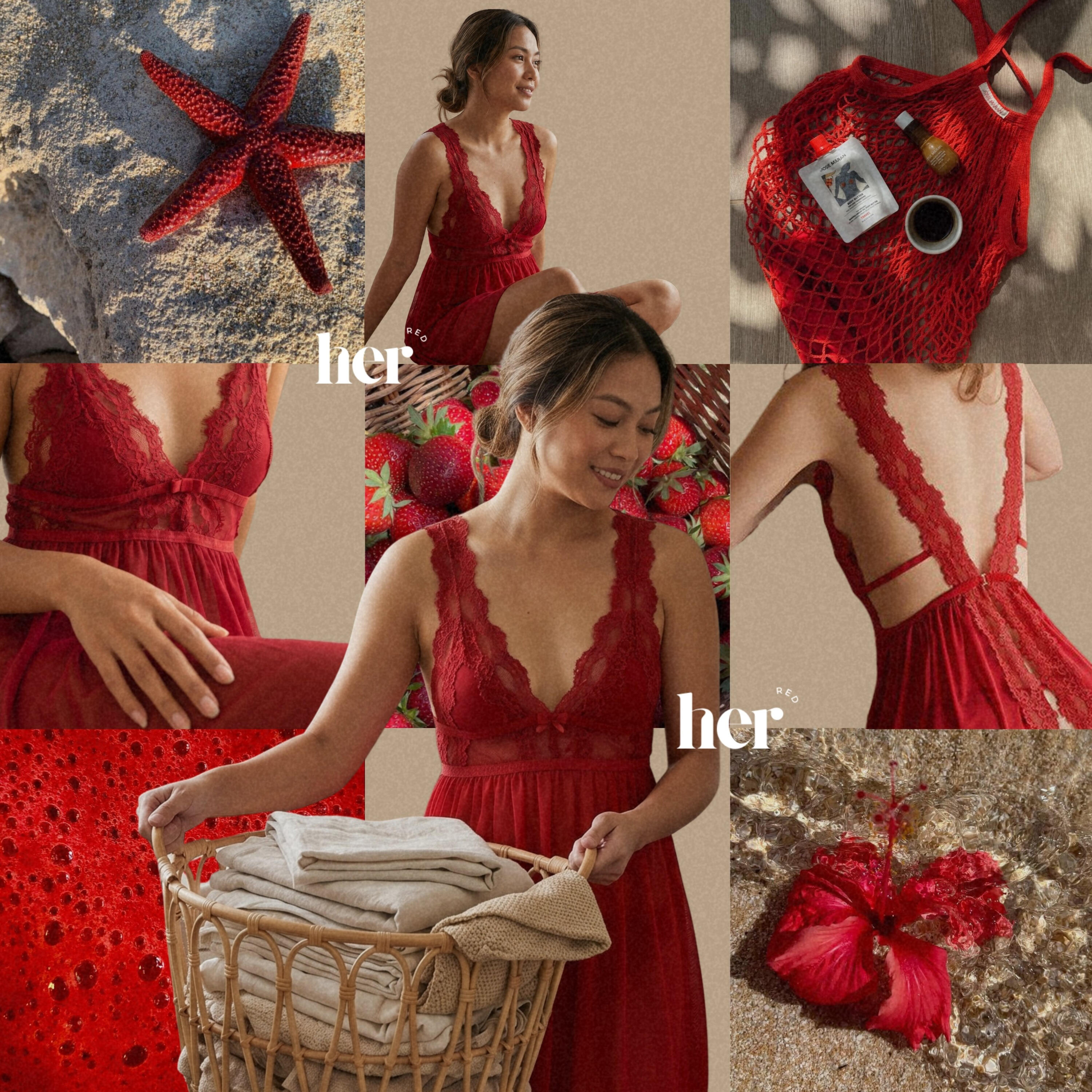 Wanita Indonesia memakai lingerie merah berbahan lace transparan dengan nuansa feminine dan hangat di ruang laundry minimalis aesthetic. Lingerie merah model babydoll dengan detail lace lembut dan potongan flowy yang nyaman dipakai di rumah. Memberikan kes